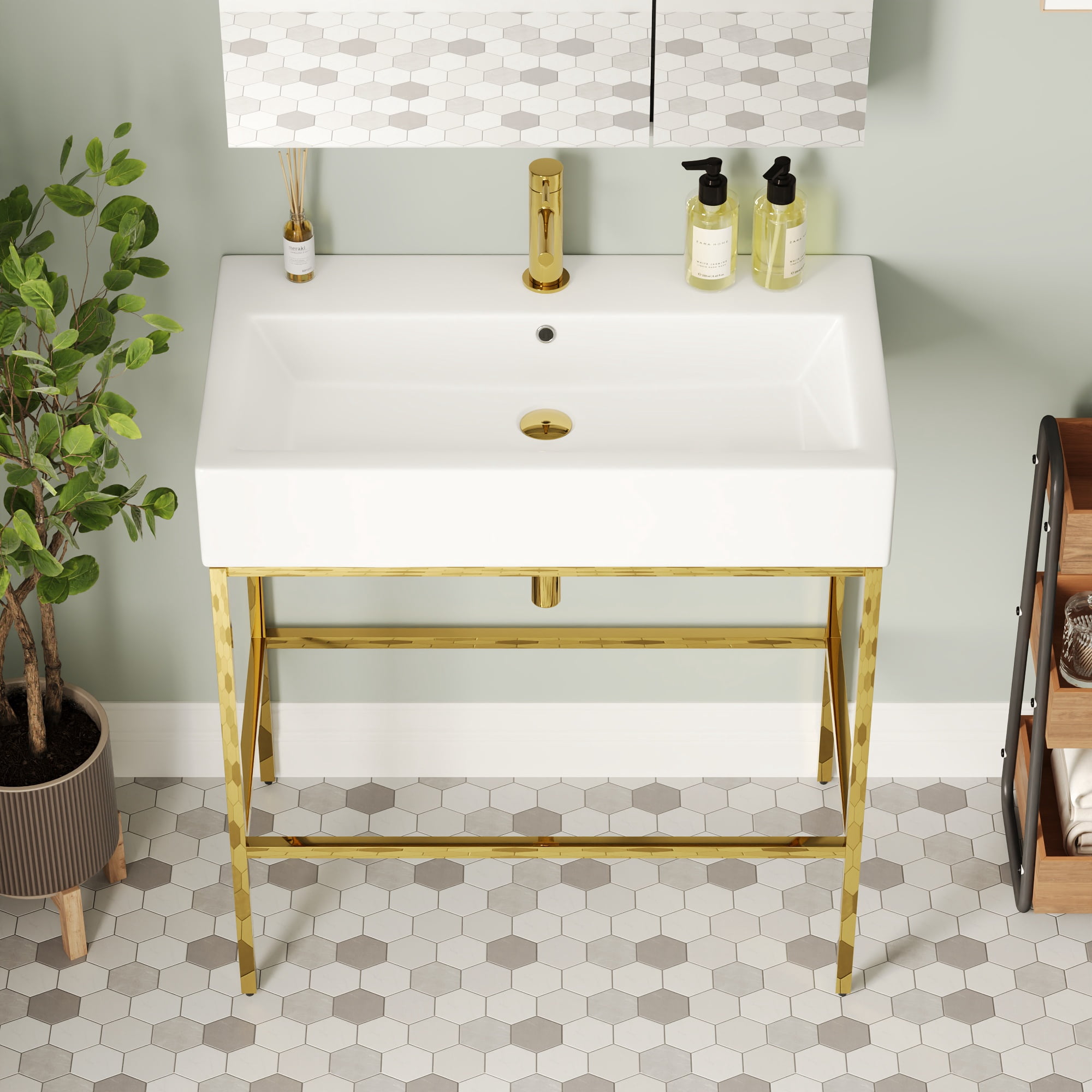 32 in. L x 17 in. W White Ceramic Console Sink Basin and Stainless Steel Golden Legs Combo with Overflow Hole