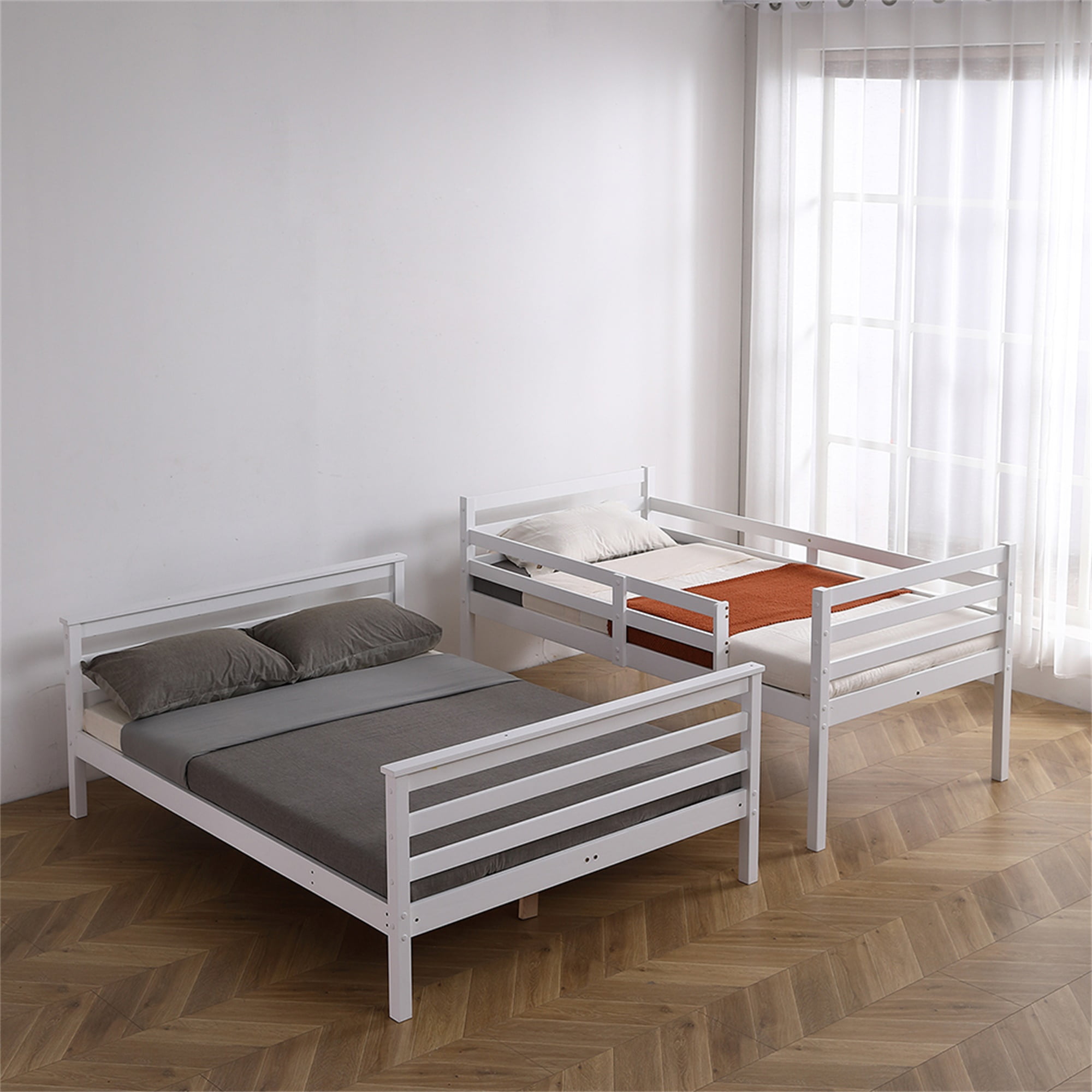 Kadyn Bunk Low Bed with Ladder, Wooden Bunk Bed with Safety Rails for Kids, Teens, Bedroom Furniture that Detaches into a Single Bunk, White Solid Wood Bunk Bed