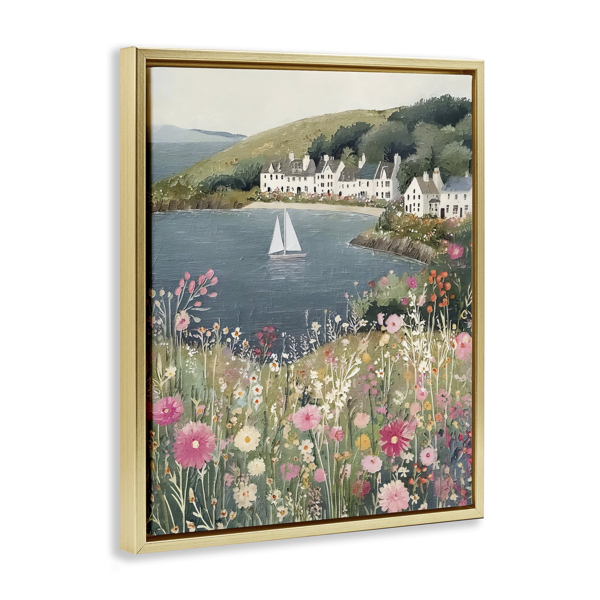 Stupell Industries Clifftop Meadow & Sailboat Gold Framed Floater Canvas Wall Art, design by Riley B