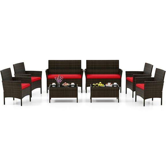 Gymax 8 PCS Patio Furniture Set w/Washable Cushions & Tempered Glass Coffee Table