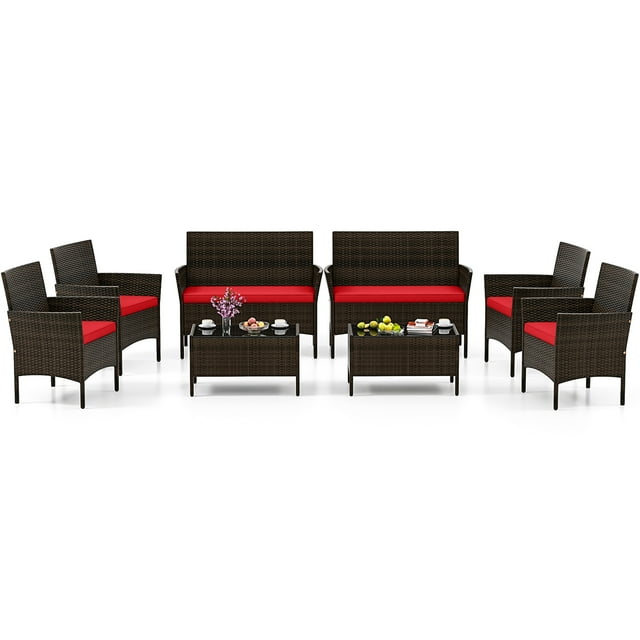Gymax Ensemble de Mobilier de Patio 8 Pcs avec Coussins Lavables et Table Basse en Verre Trempé