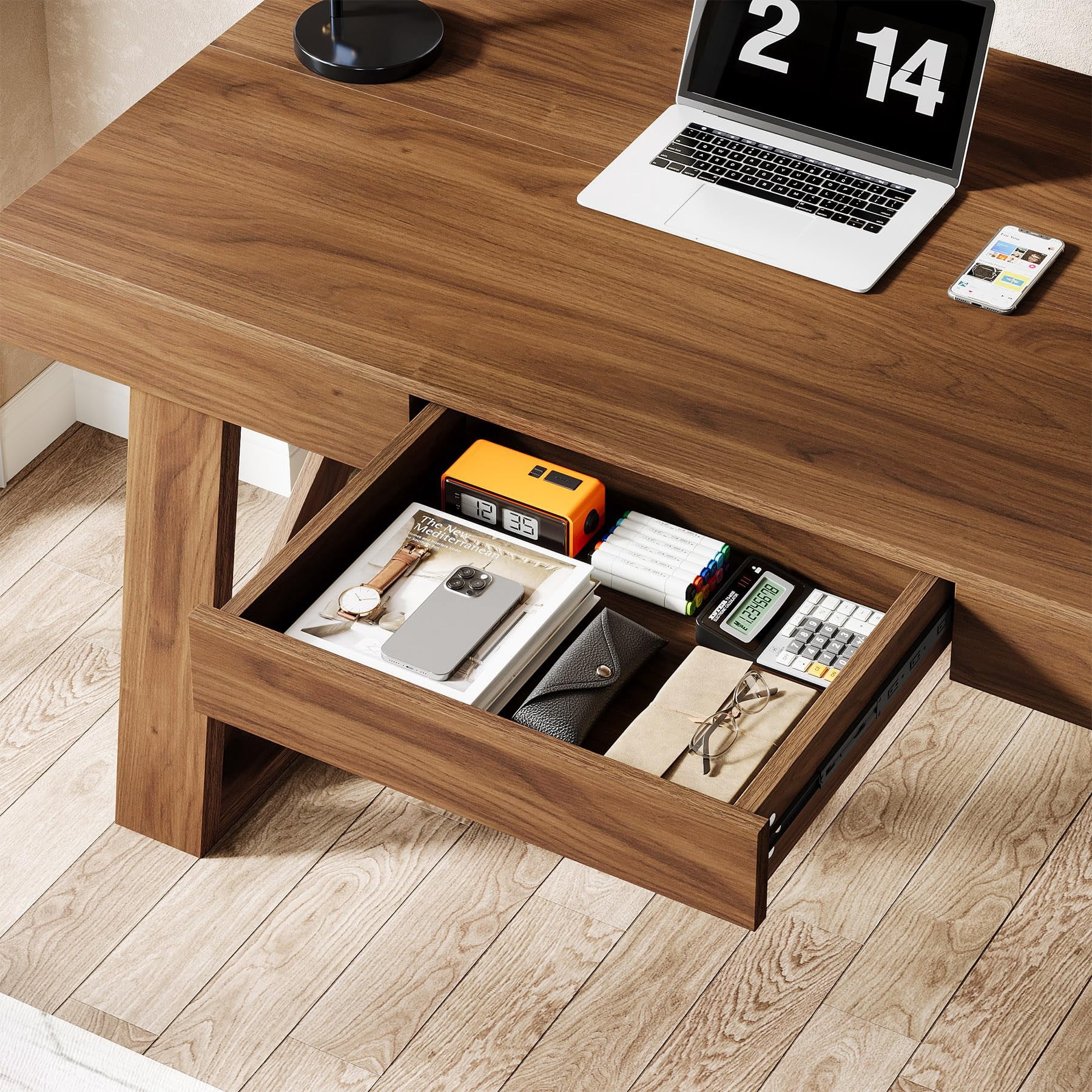 Tribesigns 55" Executive Desk with Drawer, Retro Brown Computer Office Desk with Wide Desktop , Modern Business Workstation Table for Home Office