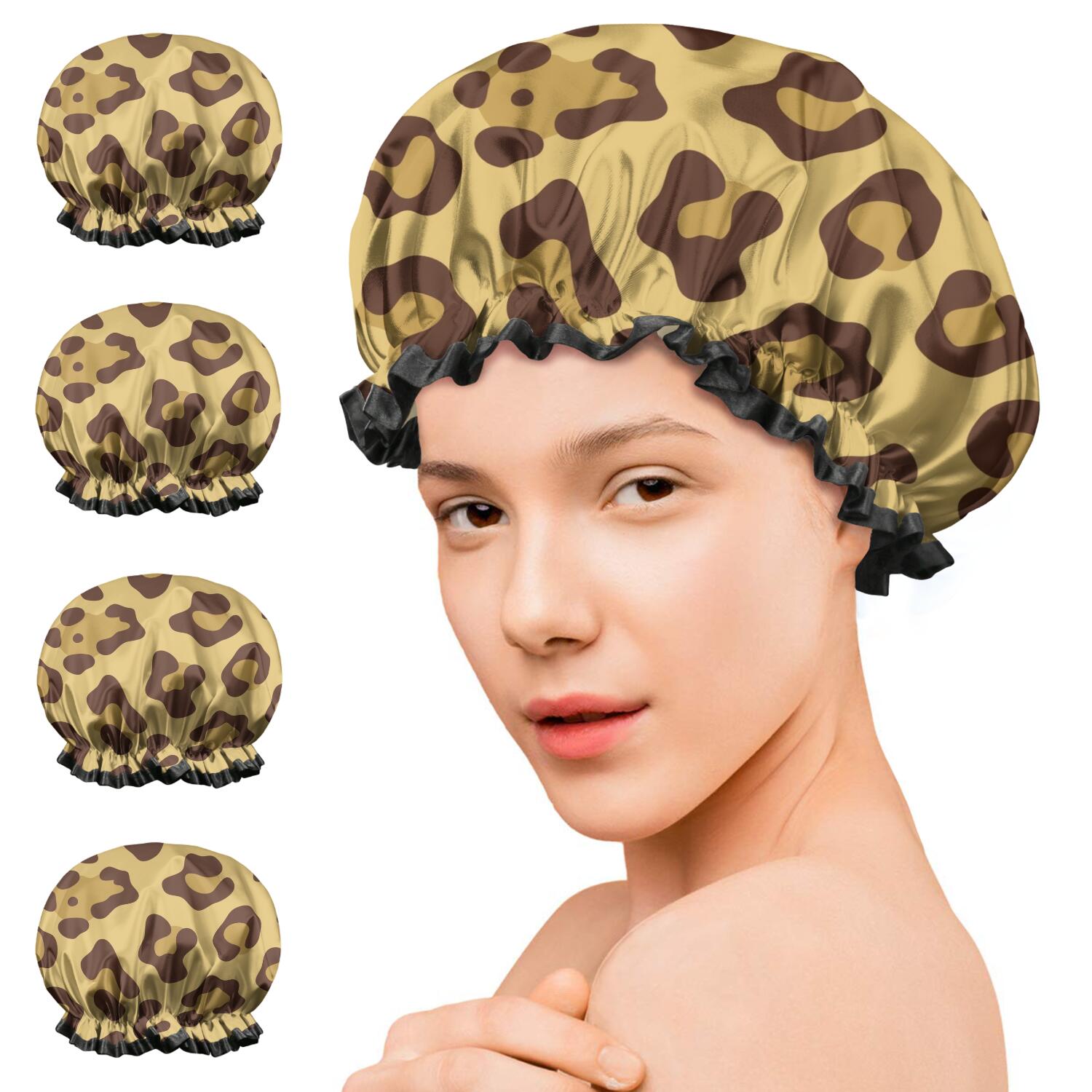 Shower Caps,Yellow and Brown Of Leopard Print Waterproof Shower Cap for Women 4 Pieces,Double Reusable Hair Cover for Shower PEVA Elastic Stretch Hem
