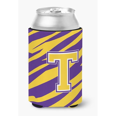 Monogram - Tiger Stripe - Purple Gold Can or Bottle Beverage Insulator Initial T