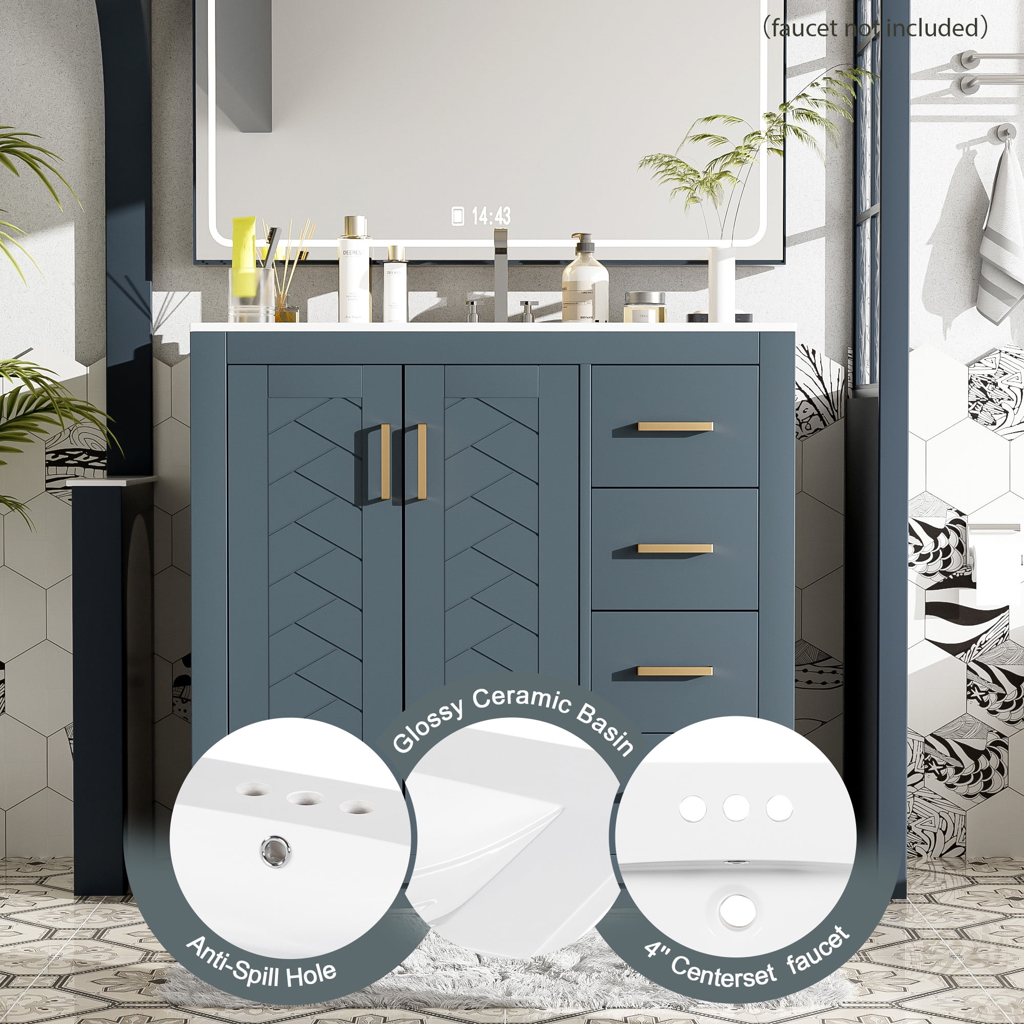 Euroco 36'' Bathroom Vanity with Ceramic Sink Combo, Solid Wood Frame Bathroom Storage Cabinet, Freestanding Vanity Set with 3 Drawers& Soft Closing Doors