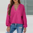 thumbnail image 3 of Long Sleeve Shirts for Women Waffle V Neck Trendy Oversized Loose Pullover Fall Casual Tunic Tops Hot Pink S, 3 of 6