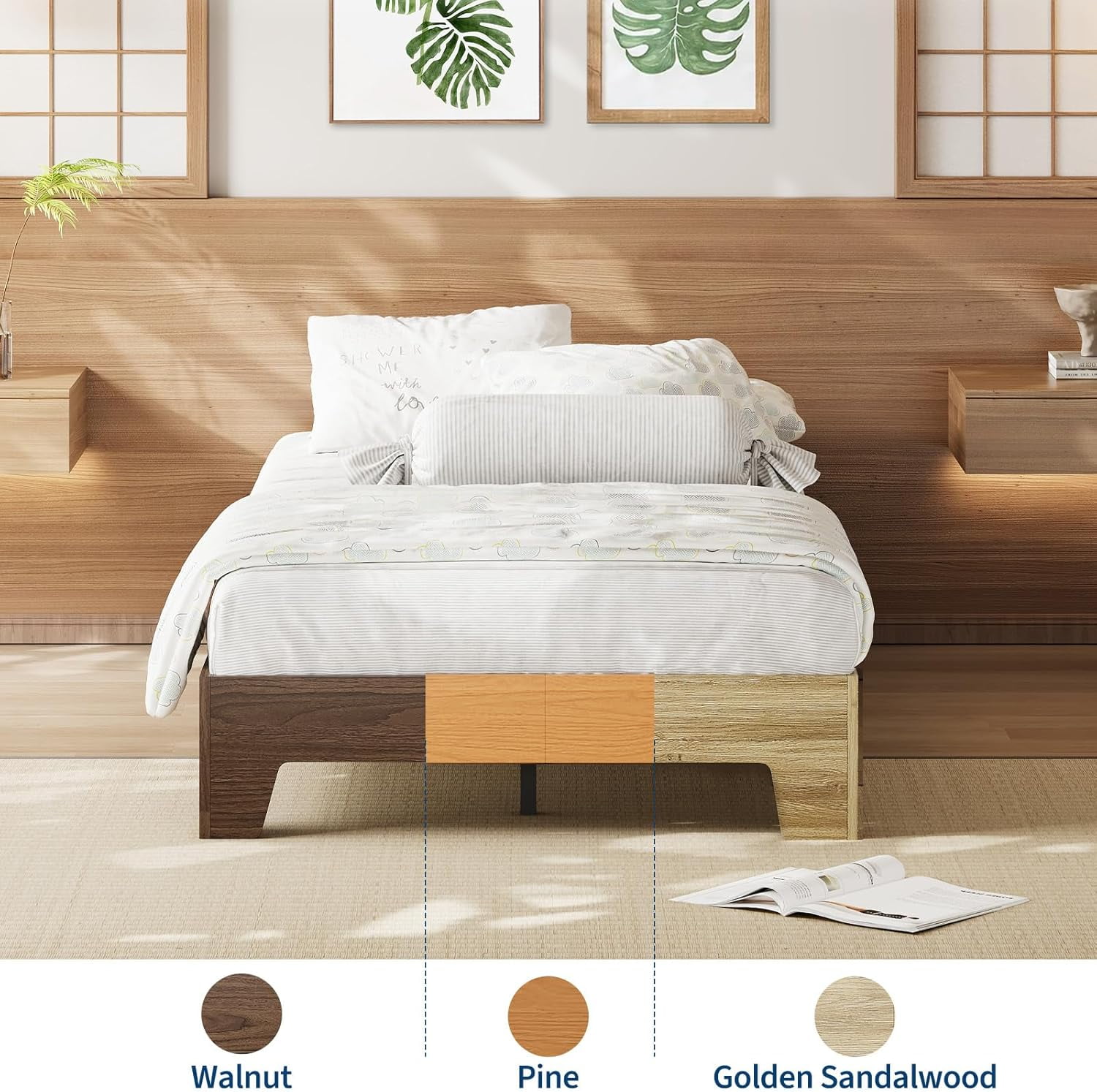 Twin Bed Frame, Wooden Platform Bed Frame, Minimalist Bed with Wood Slats Support, Underbed Space for Storage, No Box Spring Required, Noise-Free, Easy Assembly