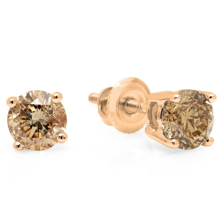 Gold Champagne Diamond Earrings - 14K Gold Round Cut Champagne Diamond Ladies Stud Earrings