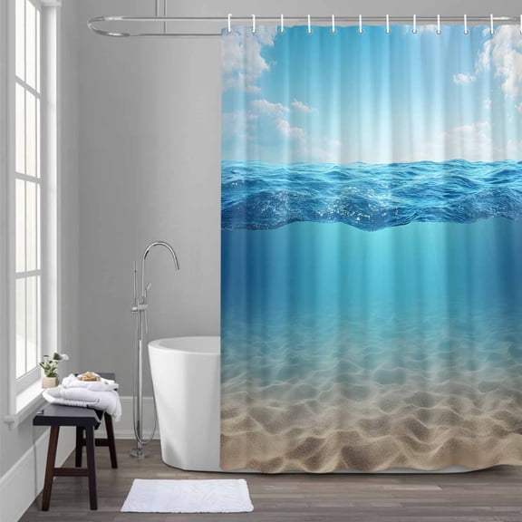 Blue Ocean Shower Curtain for Bathroom Decor, Ocean Bottom View Waterproof Fabric Shower Curtain, 36"x78" Set with 12 Hooks