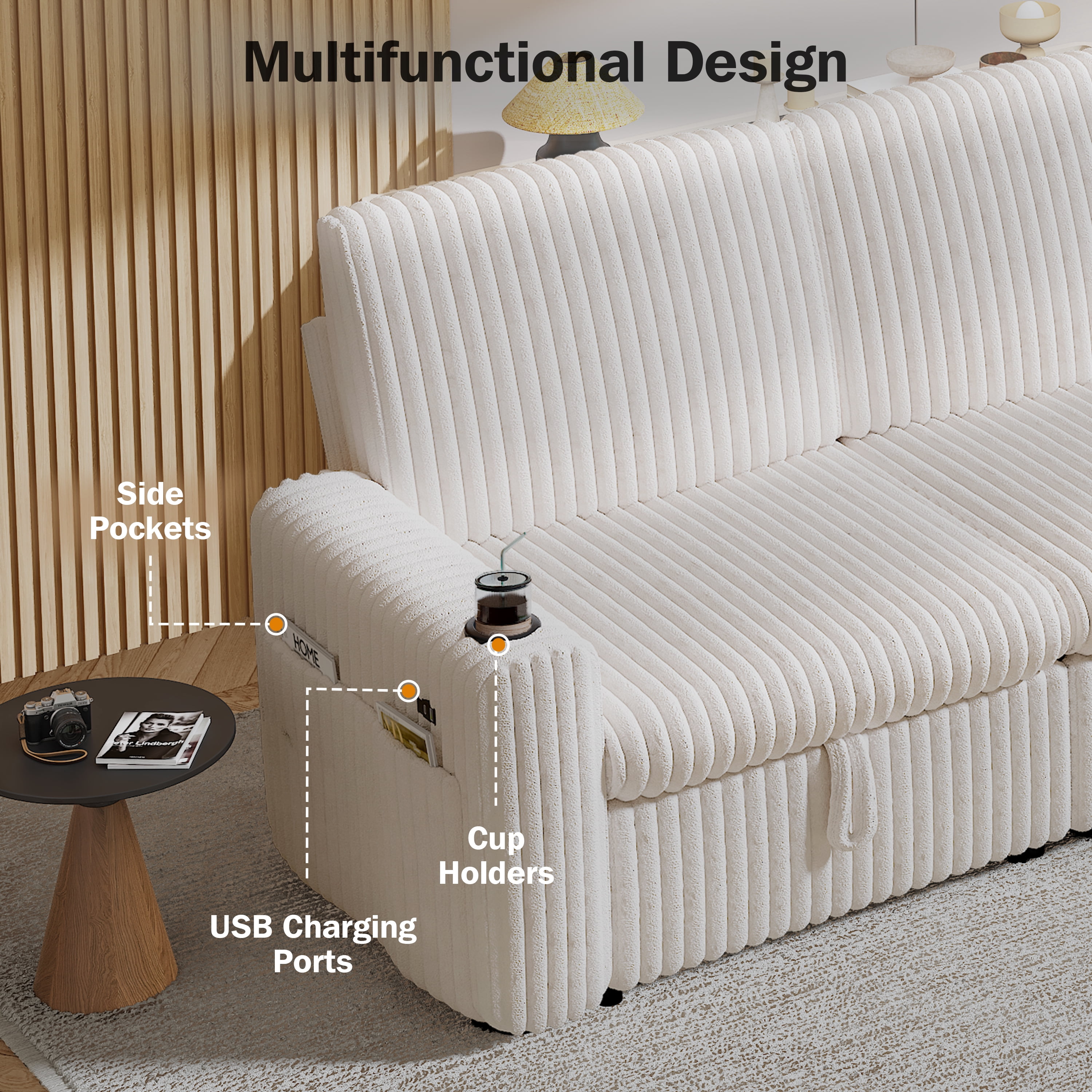 101” Detachable Mattress Sleeper Sofa with Pull-Out Mattress - L-Shaped Design, Adjustable Backrest + Reversible Storage Chaise, USB Ports/Cup Holders, Quick Assembly, Soft Beige Corduroy