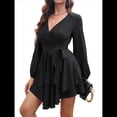 thumbnail image 2 of Vestido Corto de Mujer, Larga, Escote en V Profundo, Cintura con Lazo y Volantes, Estilo . Negro XL, 2 of 8