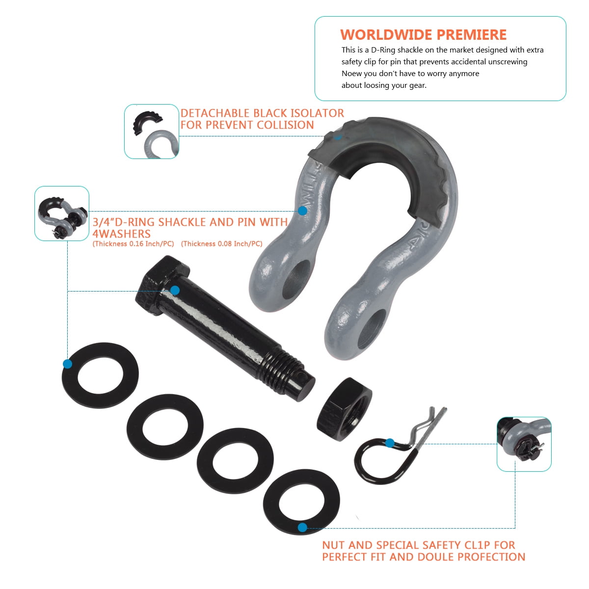 AMBULL Shackles 3/4 Inch D Ring Shackle (2 Pack) 45,000lb Break Strength with 7/8 Inch Pin, Isolator and Washer Kits for Use with Tow Strap, Winch, Off-Road Jeep Truck Vehicle Recovery, Gray