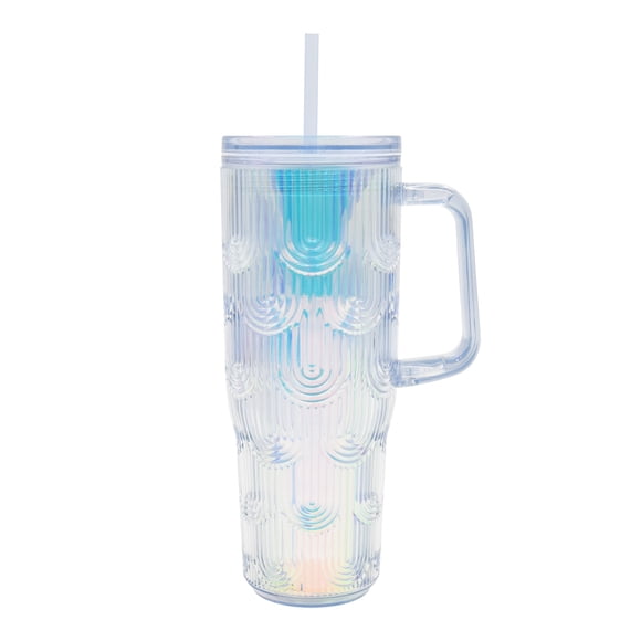 Mainstays 30oz Arch Textured Plastic Double-Wall Straw Tumbler with Handle, Cashmere Blue Iridescent