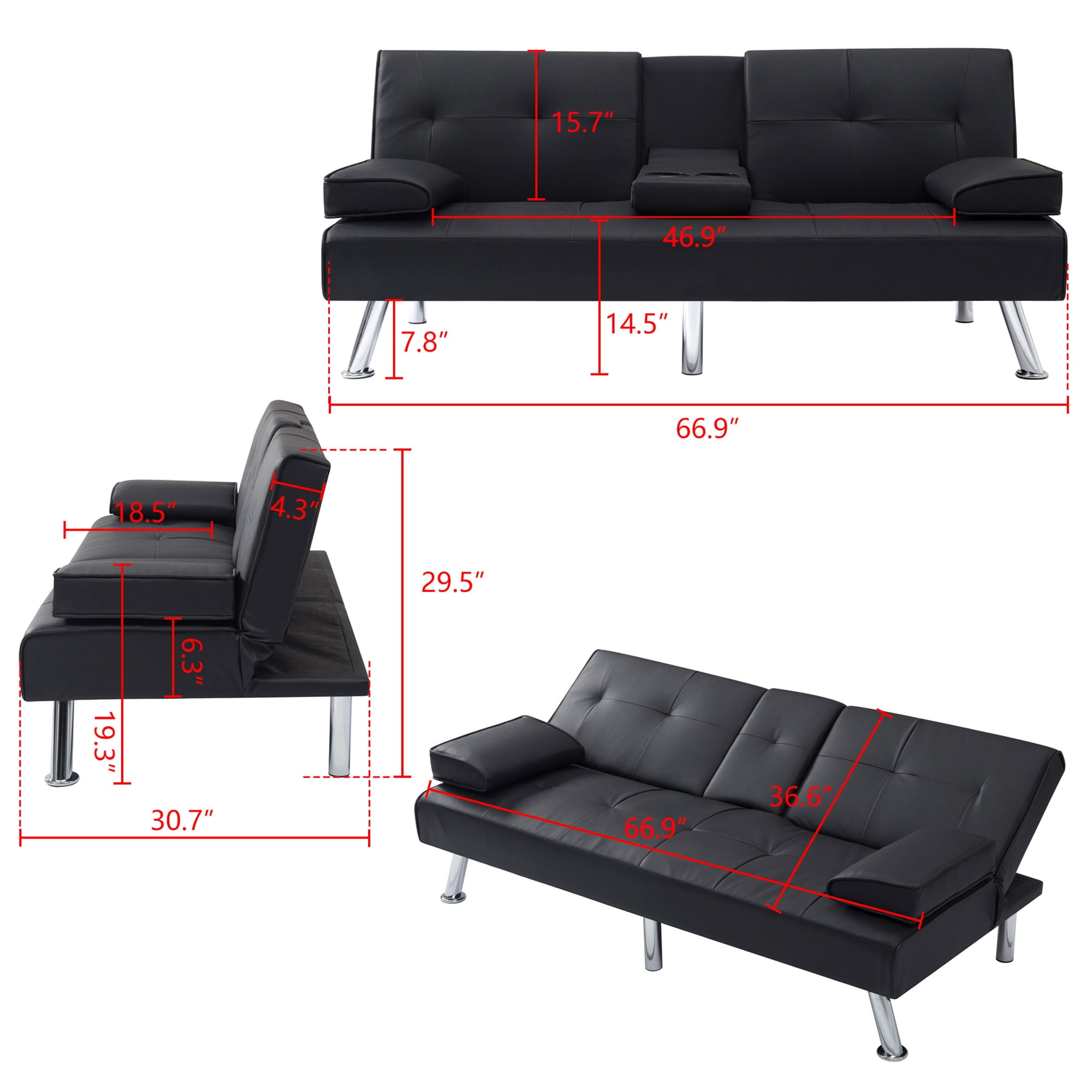 Clipeyh Faux Leather Futon with Cupholders and Pillows Modern Convertible Sofa Bed Couch