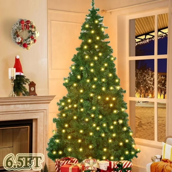 AYAMAYA 6.5ft Pre-lit Artificial Christmas Tree, Hinged with 250 LED Warm White Lights 850 Branch Tips Holiday Decor for Indoor Outdoor, Green