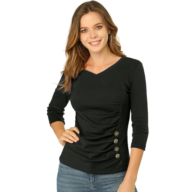Top acanalado Allegra K Cuello en V 3/4 Negro XS