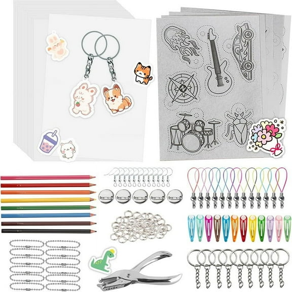 A5 ShrinkyDink Keychain Kit, Shrink Dinks Paper Kits for Kids DIY Art Craft with Earring HairClips Brooch