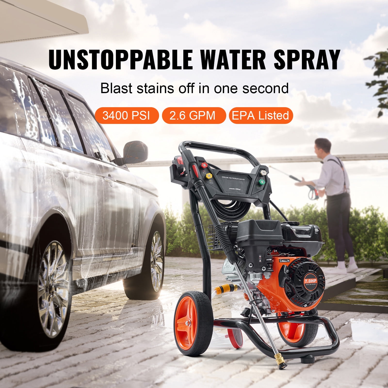 VEVOR 3400 PSI 2.6 GPM Gas Pressure Washer w/26 ft High Pressure Hose 5 Nozzles Gas Powered Washer