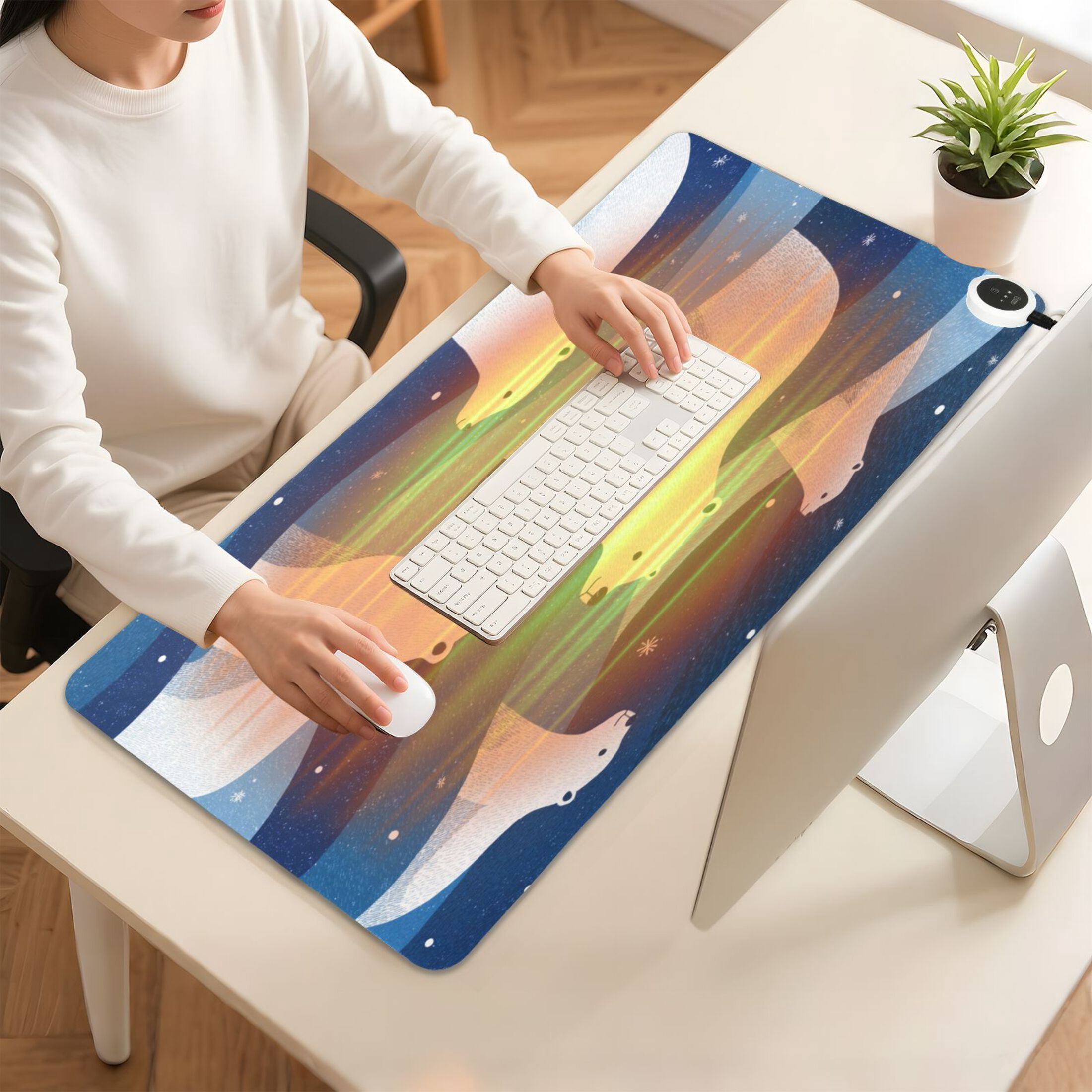 Large Heated Desk Mat Mouse Pad 31.5"x13"PU Leather Graphene Heating Desk Warmer with 3 Temperature Settings 110V US Plug Non-Slip Warm Pad for Home, Office, and Gaming Arctic Night Bear Art