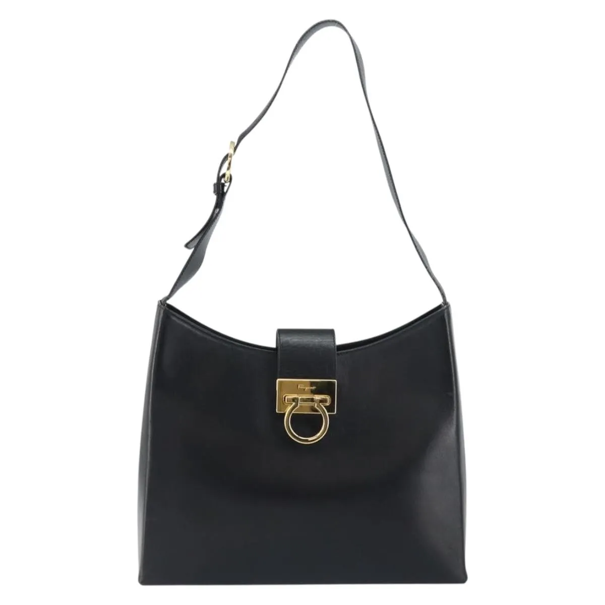 Pre-Owned Salvatore Ferragamo Gancio Flap Hobo Leather Black 