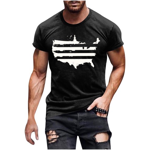 Elvqul Short Sleeve T-Shirts for Men Black Gym Pull on Casual Printed Crew Neck Fitness Style Slim Fit Mens Shirts