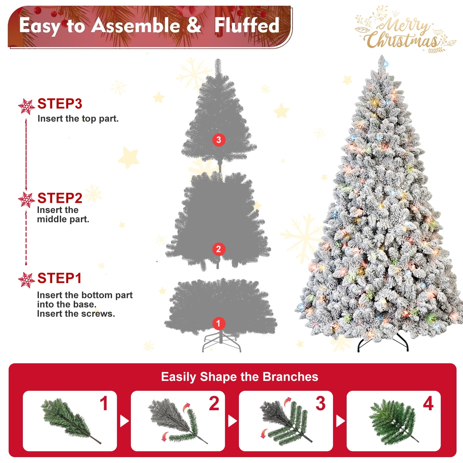 5ft Prelit Snow Flocked Christmas Tree with 150 LED Lights 366 Tips Pine Cones Hinged Branches