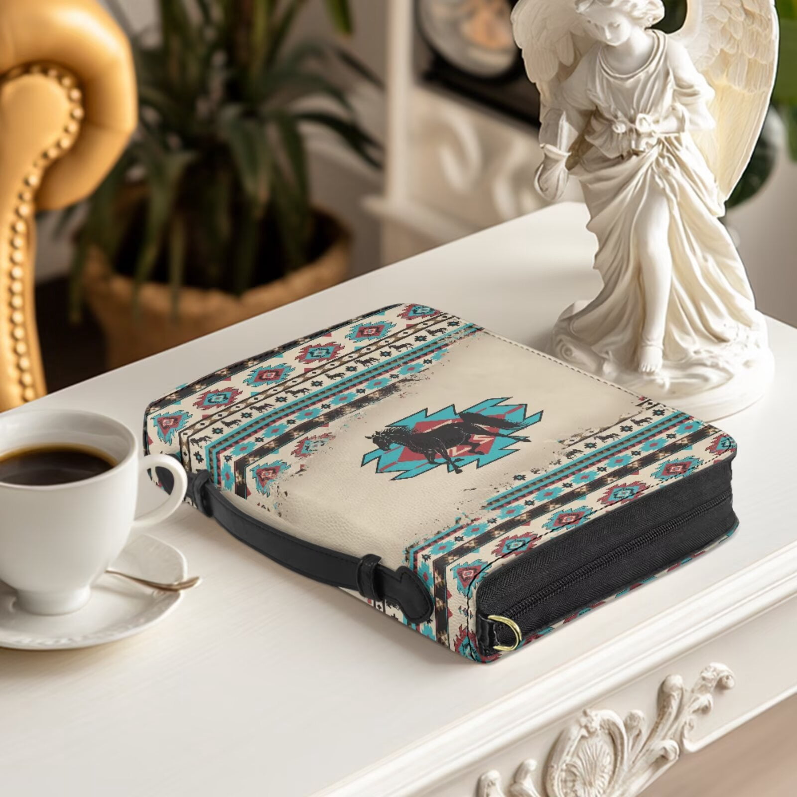 Kuiaobaty Aztec Horse Print Bible Cover for Women Sturdy Carrying Book Case with Bookmark Waterproof Leather Church Bible Protective with Handle and Strap for Church, Beige
