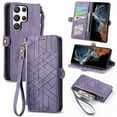 thumbnail image 1 of SaniMore for Samsung Galaxy S23 Ultra (6.8") Case, PU Leather Embossed Lines Wristlet Zipper Cash Pocket Card Slots Magnetic Flip Stand Full Protective TPU Shell Anti-drop Business Design, Purple, 1 of 10