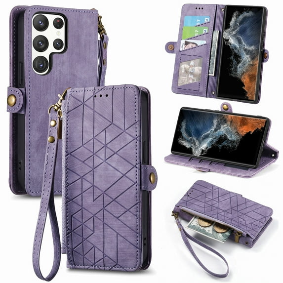 SaniMore for Samsung Galaxy S23 Ultra (6.8") Case, PU Leather Embossed Lines Wristlet Zipper Cash Pocket Card Slots Magnetic Flip Stand Full Protective TPU Shell Anti-drop Business Design, Purple