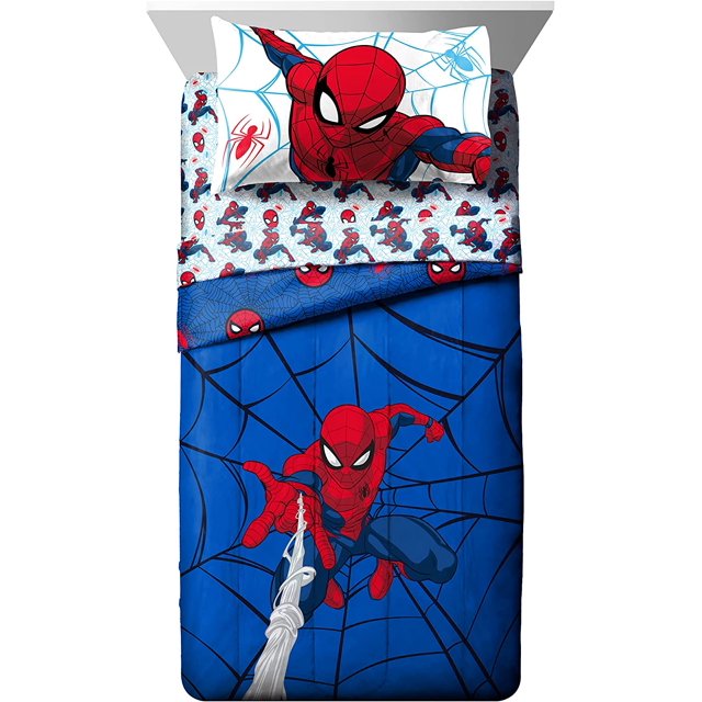 Marvel Spiderman Webtastic Ensemble de Lit 5 Pcs Taille Simple - Comprend une Couette Réversible et un Ensemble de Draps - Literie Super Douce pour Enfants en Microfibre Résistante à la Décoloration (Produit Officiel Marvel)