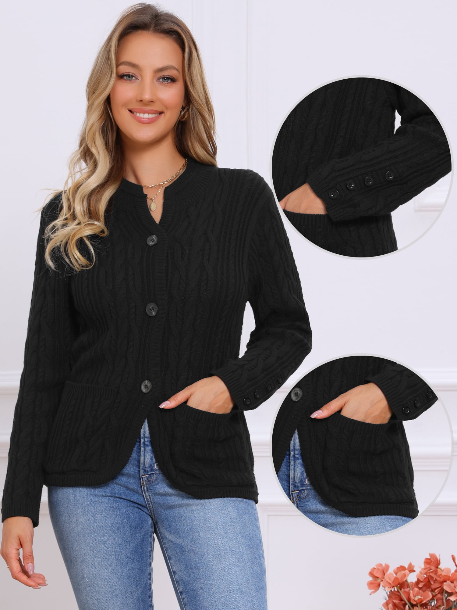 DARING DIVA Women's Cable Knit Open Front Button Up Cardigan Sweaters L Black