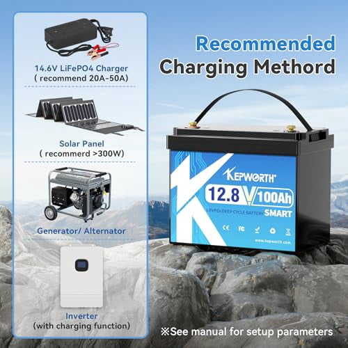 12.8V 100Ah LiFePO4 Battery Bluetooth, Deep Cycle Lithium Batteries with Built-in 100A BMS, BCI Group 24, Grade A Lithium Iron Phosphate Cells, for Trolling Motor, Boat, Rv, Solar,
