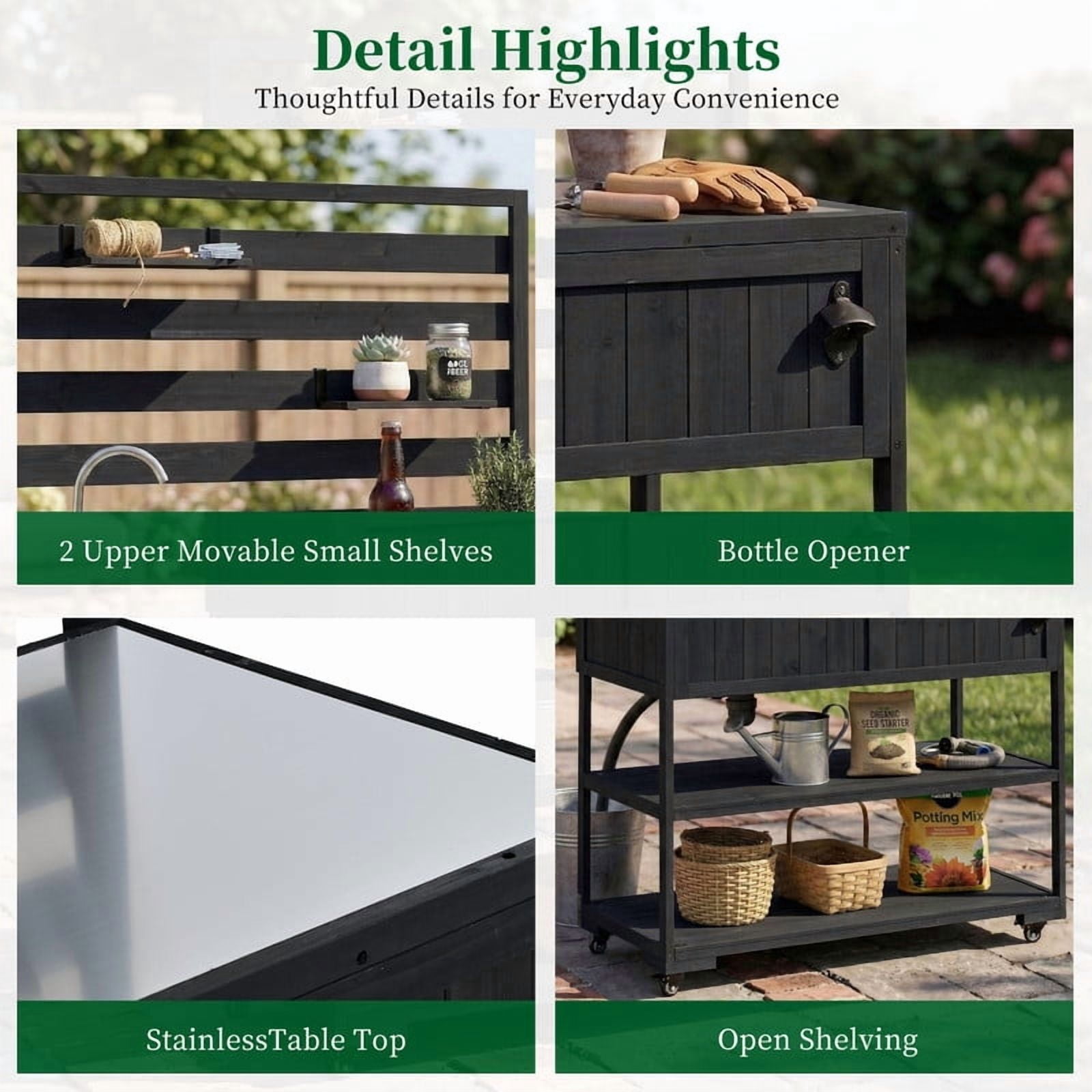 Outdoor Kitchen Storage Cart with Faucet & Sink, Rolling Kitchen Island with Bottle Opener, Garden Potting Bench with Raised Shelf