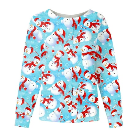 

PURJKPU Christmas Scrub Jackets for Women Stretchy Long Sleeve Scrub Top Round Neck Snap Front Nursing Uniform Xmas Snowman Printed Nurse Jackets with Pockets Blue 2XL