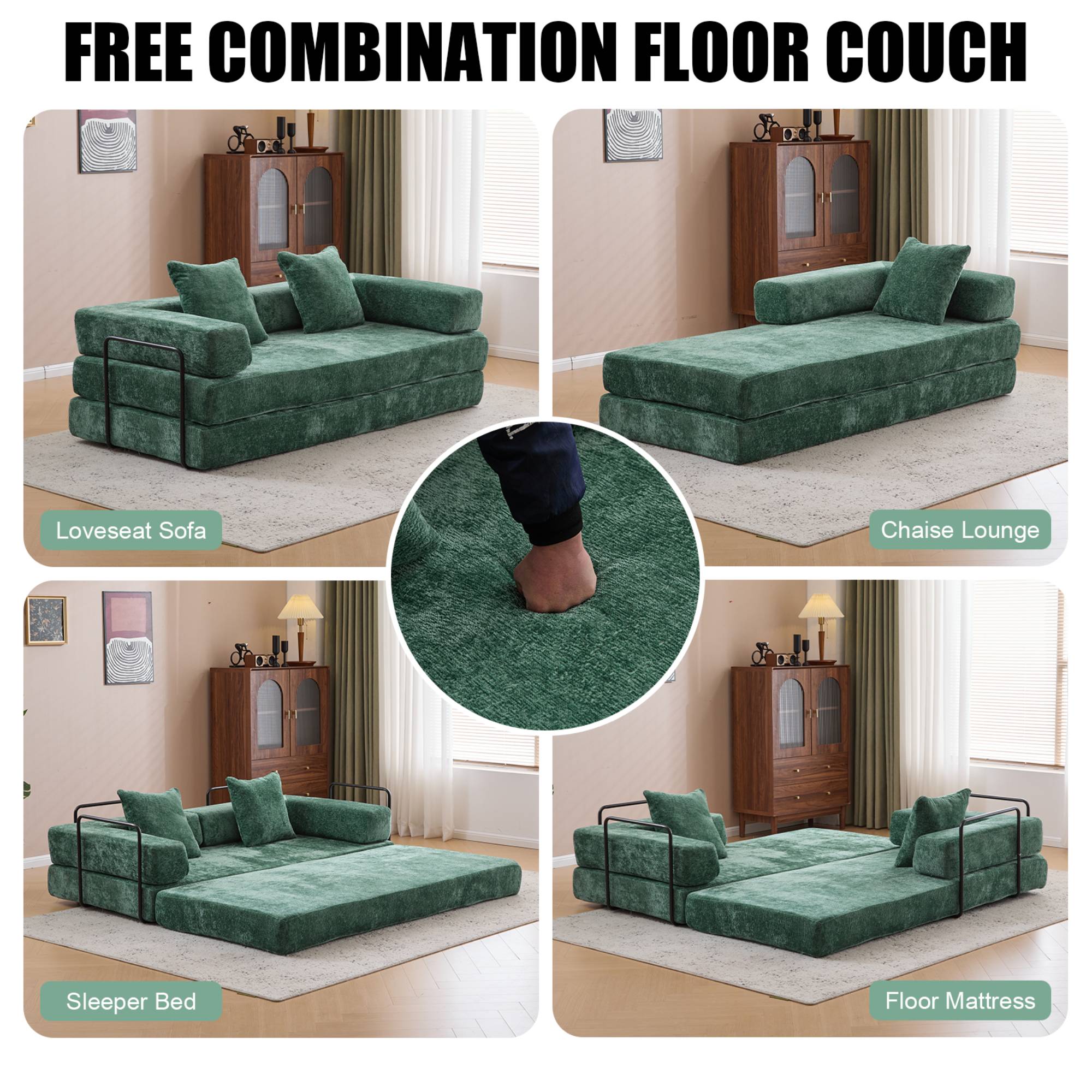 Convertible Sleeper Sofa Bed with Pillow, Corduroy Folding Mattress Floor Sofa Lounge Couch for Living Room, Bedroom, Dark Green