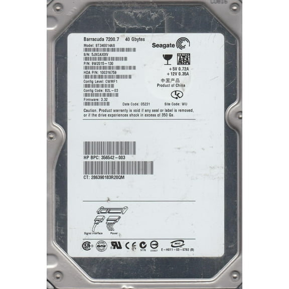 ST340014AS, 5JX, WU, PN 9W2015-130, FW 3.32, Seagate 40GB SATA 3.5 Hard Drive