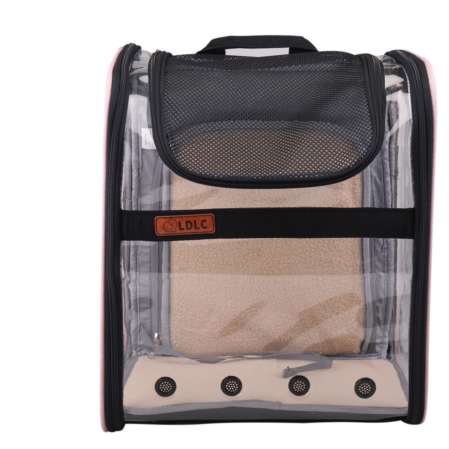 Critter Sitters Light Pink See-Through Pet Backpack for Small Dogs, Cats with Scratch Resistant Breathable Mesh Window | Airline Carry-On Approved | Safety Leash | Durable Transporation for Animals