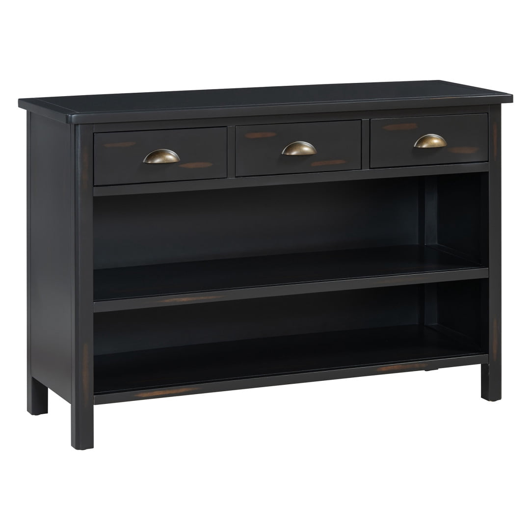47" Retro Console Table with 3 Storage Drawers, Entryway Table with 3 Water Hyacinth Woven Baskets and Shelf, Wooden Buffet Cabinet for Entryway Hallway Living Room, Espresso