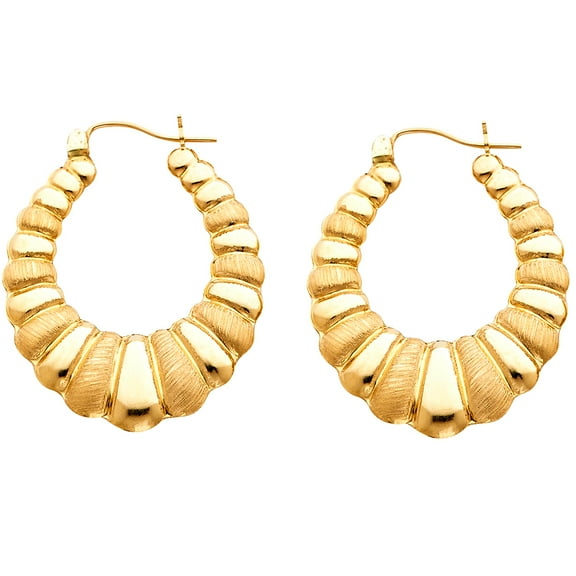14k Yellow Gold Bold Seashell Hoop Oval Scalloped Hinge Clasp Bubble Earrings Jewelry Female Unisex