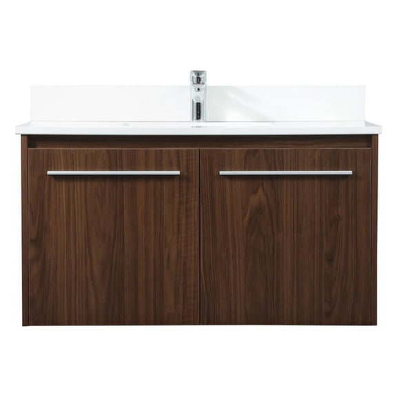 36 inch single bathroom vanity in walnut with backsplash