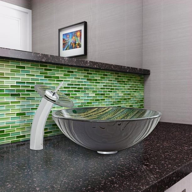 Vigo Green Asteroid Glass Vessel Sink and Waterfall Faucet Set in