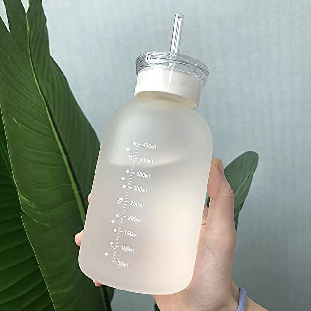  JZSMY 480ml Milk Juice Cute Water Bottle with Scale 2 Lids  Little daisy Matte Portable Transparent Water Cup Glass Bottles Creative  Handy Cup with Straw and Straw Plug (Matte 4 Flowers) 