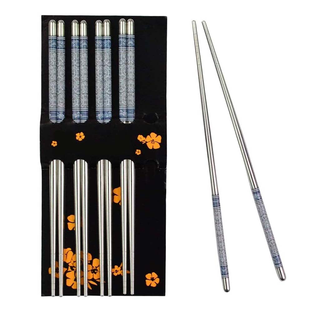 5 Pairs Chinese Traditional Chopsticks Non-slip Stainless Steel Chopstick Silver 