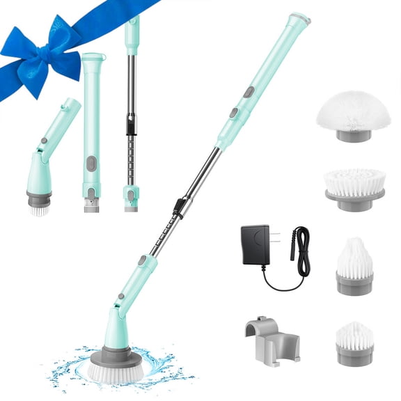 Homitt Electric Spin Scrubber Mother's Day, 350RPM, Cordless Bathroom Cleaning Brush with Adjustable Extension Arm, 4 Replaceable Cleaning Scrubber Brush Heads - Blue