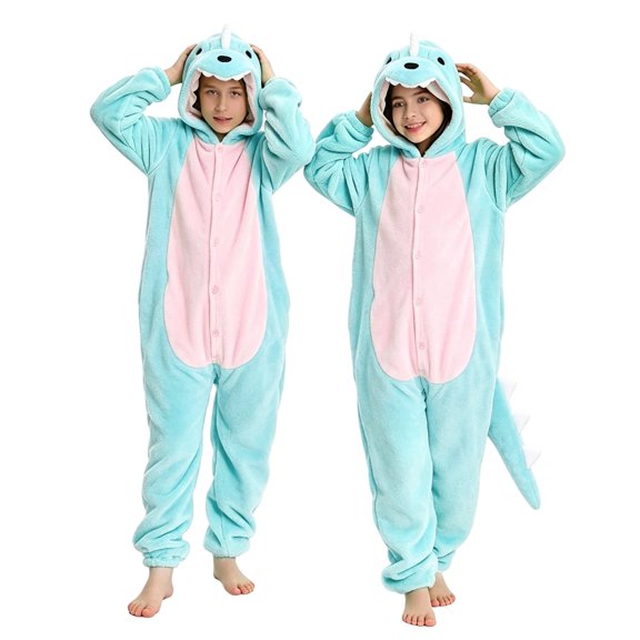 Ruyang Kids Plush Hooded Jumpsuit Dinosaur Button Down Long Sleeve Bodysuits Cute Animal Theme Party Outfit for Boys Girls