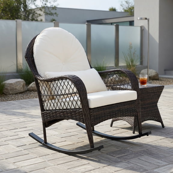Yardi Yard Patio Rattan Rocking Chair with Seat Back Cushions and Waist Pillow, Patio Furniture Chair, Balcony Porch Adult Rocking Chair-White
