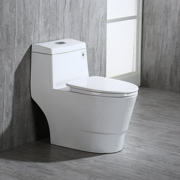 Woodbridge T-0001 , Dual Flush Elongated One Piece Toilet with Soft Closing Seat, Comfort Height, Water Sense, High-Efficiency, Rectangle Button, Pure White