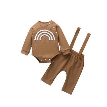 

One opening Unisex Baby Long Sleeve Round Neck Rainbow Romper Tops Suspender Pants