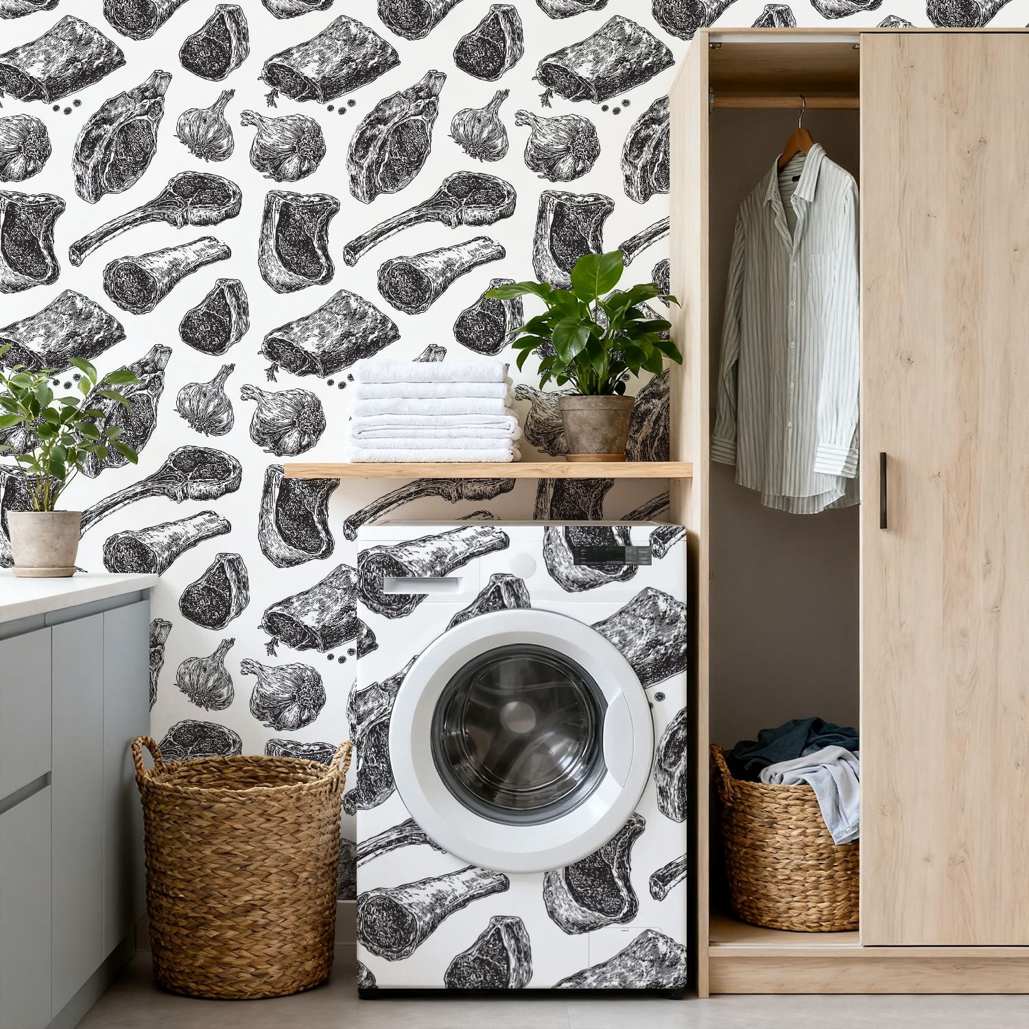 Peel and Stick Wallpaper meat drawing Hand drawn beef steak pork ham Wall Mural 17.7in x 9.8ft Self Adhesive Removable Wall Paper Renter Friendly Wallpaper for Bedroom Nursery