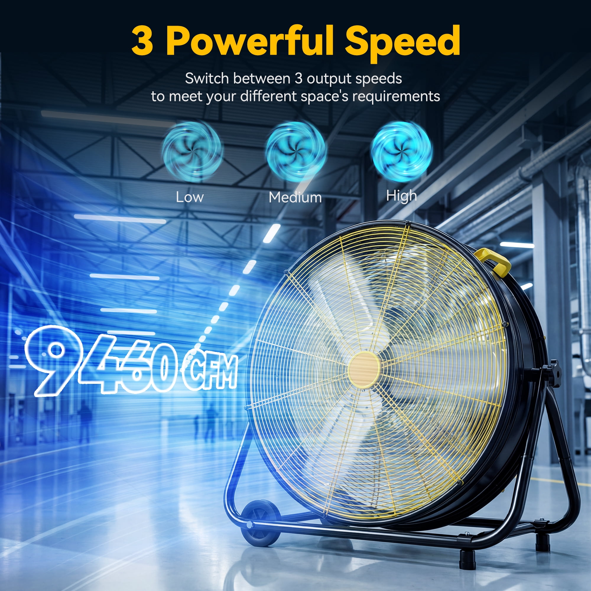 Osoeri 24 inch Industrial Drum Fan, 3 Speed ​​9460 CFM Heavy Duty Metal Cooling Floor Fan , 360° Tilt for Shop Outdoor, Patio, Warehouse, Commercial, Basement High Speed ​Fan